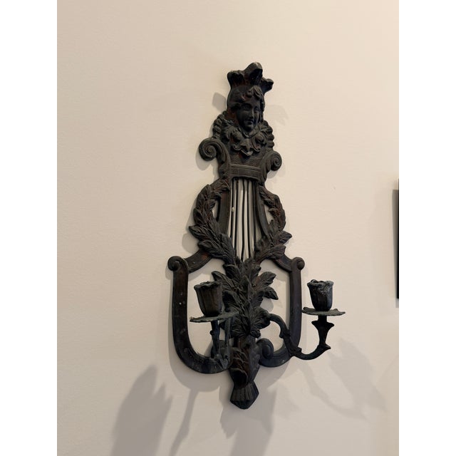 Late 19th Century Pair of Antique French Victorian Bronze Figural Wall Sconces With Original Patina For Sale - Image 4 of 6