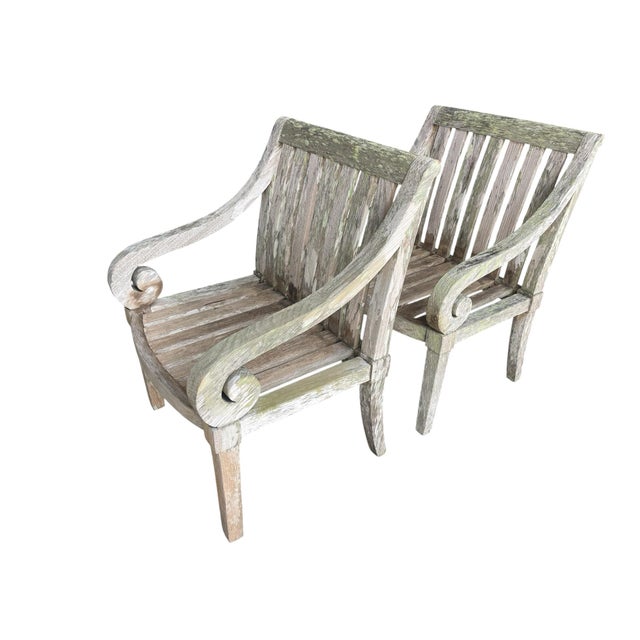 Wood Vintage Weathered Hardwood Scroll Arm Garden Chairs With Natural Patina, a Pair For Sale - Image 7 of 12