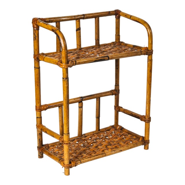 Bent Burnt Bamboo Wall Shelf With Woven Split Wood Platforms Two Tier 1970's For Sale