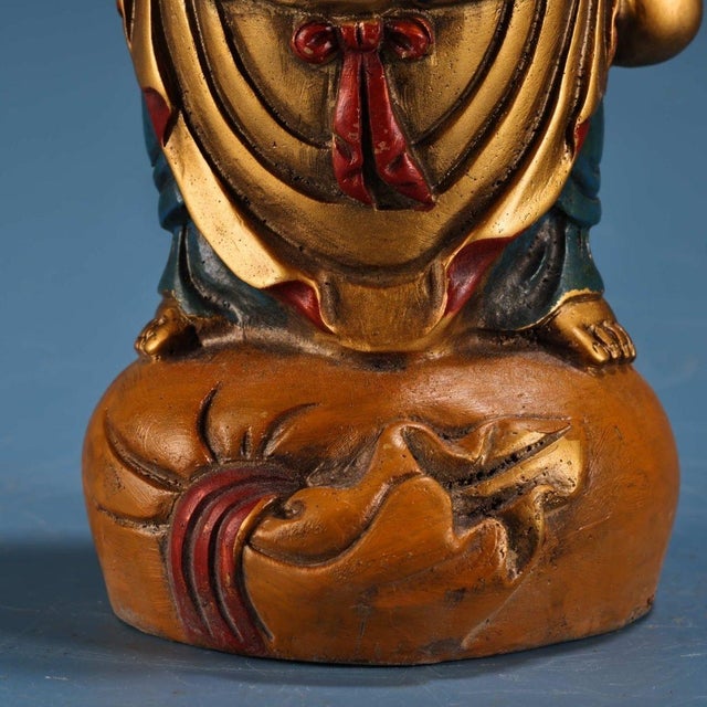 Bronze Vintage Gilt Bronze Standing Maitreya Buddha Holding Gold Ingot For Sale - Image 8 of 9