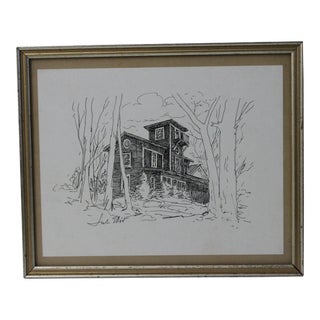 Special for M>e> 1980s "Is Mr. Thurber Home?" Pen and Ink Drawing by John Elliot, Framed For Sale