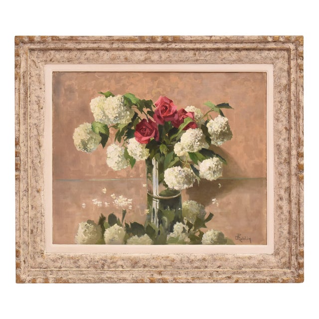 Jules Marie Joseph Roblin, Still Life with Pink Roses and May Ball, Oil on Canvas, 20th Century For Sale