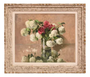 Jules Marie Joseph Roblin, Still Life with Pink Roses and May Ball, Oil on Canvas, 20th Century