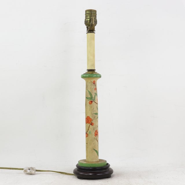 Ecru Vintage Hand-Painted Candlestick Lamp With Chinoiserie Floral and Bamboo Motif For Sale - Image 8 of 11
