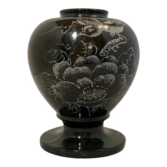 Hand Etched Black Marble Vase For Sale