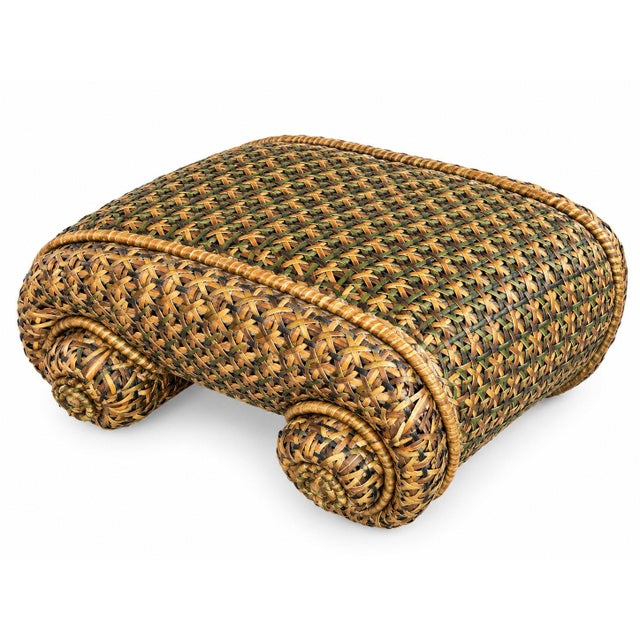 Brown Vintage MacKenzie Childs Wicker Rattan Armchair and Ottoman Empire Collection For Sale - Image 8 of 11