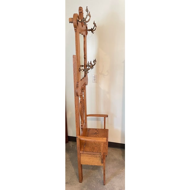 American Vintage Oak Hall Tree W/ Cast Iron Coat Hooks For Sale - Image 3 of 12