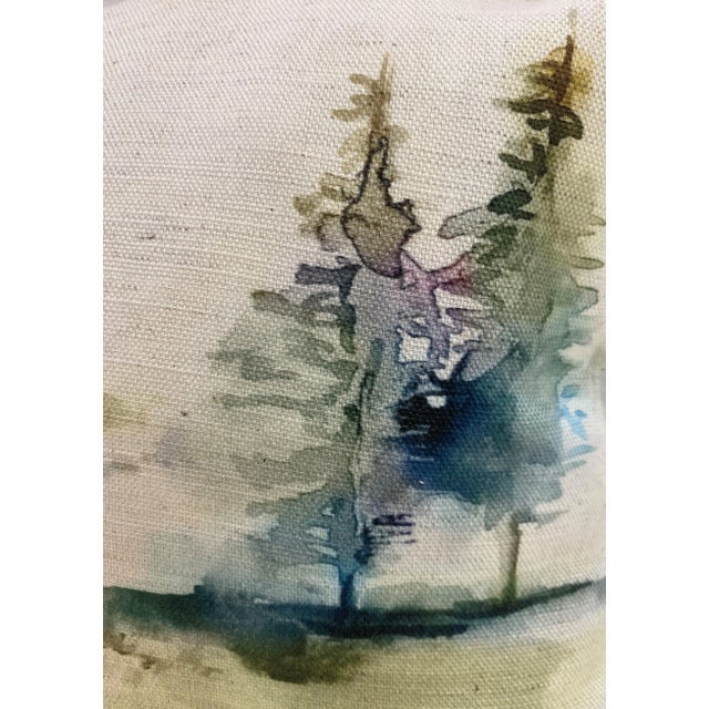 Textile Small Bolster Pillow Decorated With a Rustic Water Color-Look Landscape Featuring Roaming Bison & Towering Trees - Made in Uk. For Sale - Image 7 of 11