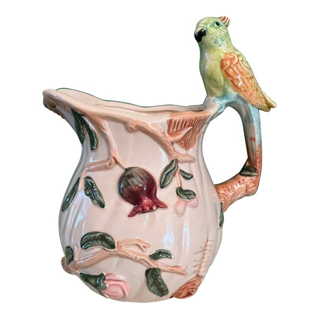 Vintage Majolica Pitcher With Parrot Handle For Sale