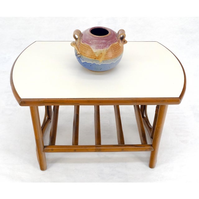 Bamboo Rattan Side End Table Mid Century Modern c1970s White Laminate Top MINT For Sale - Image 12 of 16