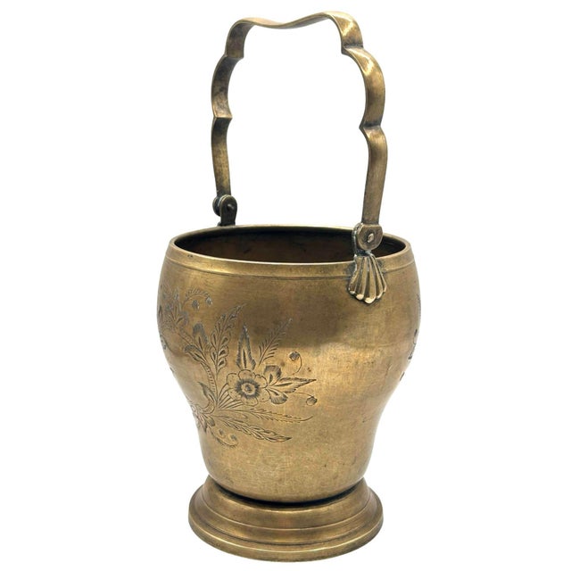 Metal 1900s Late Victorian Hand Etched Floral Brass Ice Bucket W/ Whimsical Handle For Sale - Image 7 of 12