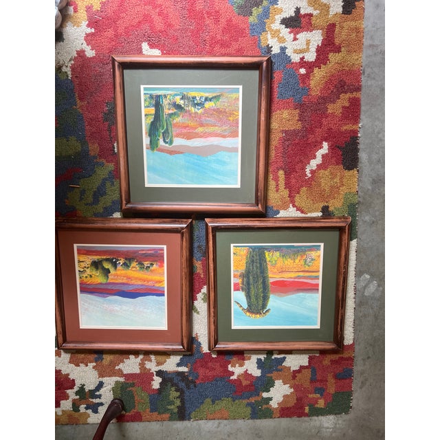 Boho Chic 1970s Trio of Desert Cactus Paintings in Wooden Frames, Set of 3 For Sale - Image 3 of 5