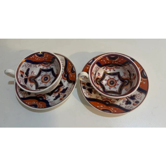 American 2 Antique Gaudy Welsh Tea Cups and Saucers - Burnt Orange Blue White Porcelain - Matching Pair For Sale - Image 3 of 5