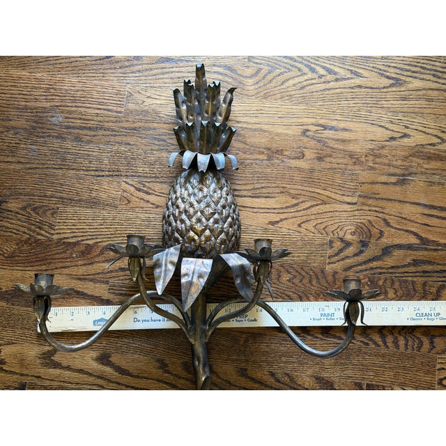 Mid 20th Century Vintage Italian Tole Iron Pineapple Four-Light Wall Sconce With Copper-Tone Finish For Sale - Image 5 of 12