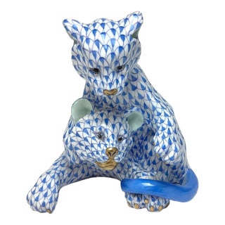 Herend Porcelain Lion Cubs Playing Figurine Blue Fishnet For Sale