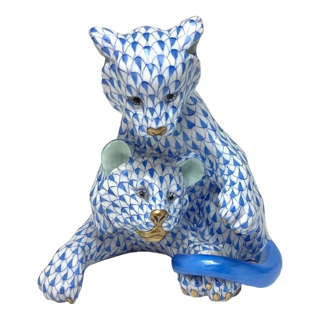 Herend Porcelain Lion Cubs Playing Figurine Blue Fishnet For Sale