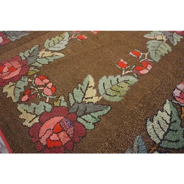 Textile Stately Brown Color Floral Desing Antique American Hooked Rug For Sale - Image 7 of 12