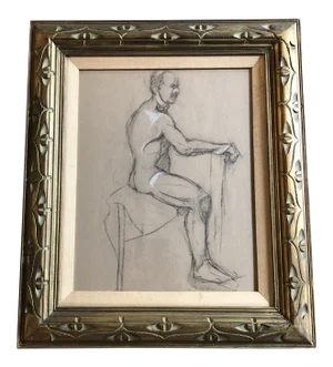 Original Vintage Academy Style Male Nude Charcoal Study Drawing Frame