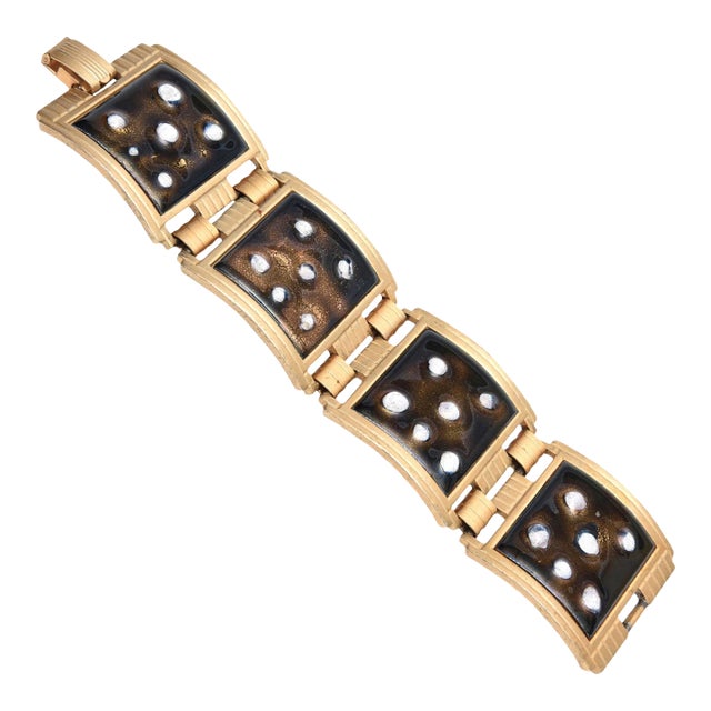 Vintage White and Brown Enamel Gold Plated Abstract Dot Link Cuff Bracelet, 1950's For Sale