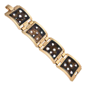 Vintage White and Brown Enamel Gold Plated Abstract Dot Link Cuff Bracelet