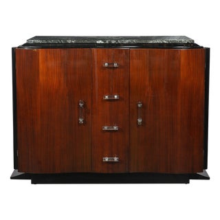 Art Deco Walnut & Black Lacquer Curved-Front Cabinet W/ Verde Saint Denis Top For Sale