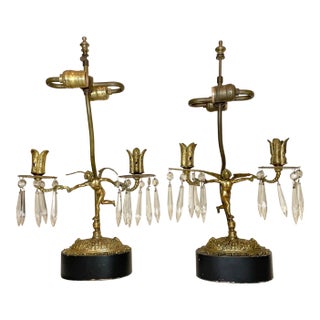 2 Antique Ornate Victorian Style Figural Bronze Wood Angel Cherub Table Lamps For Sale