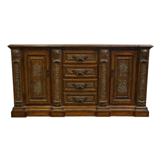 High End Vintage Cherry French Renaissance 75" Buffet Credenza For Sale