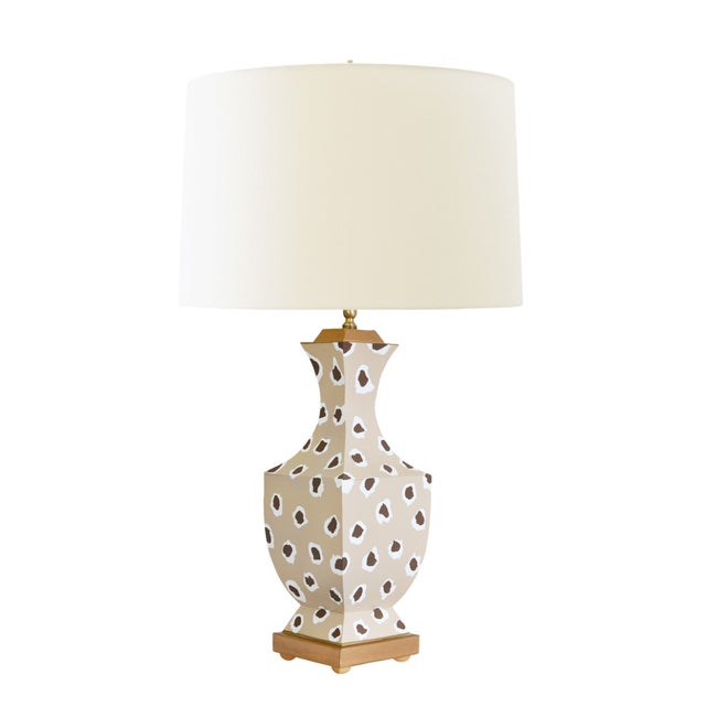 Contemporary Matthew Izzo Home Gina Handpainted Tole Table Lamp in a Brown Spotted Leopard Pattern With a Cream Silk Shade For Sale - Image 3 of 3