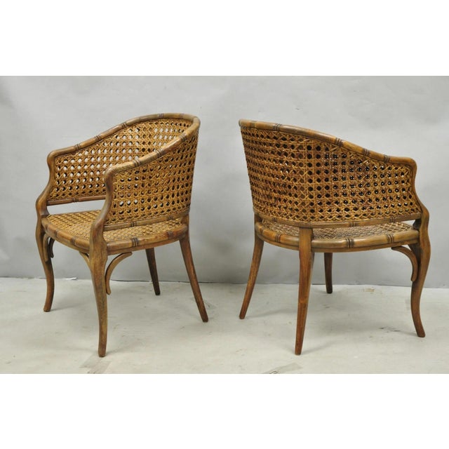Vintage Hollywood Regency/Chinese Chippendale Faux Bamboo Wood & Cane Barrel Back Club Lounge Chairs - a Pair. Circa Mid...