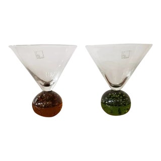 Pair of 1980s Circleware Controlled Bubble Martini Glasses, Amber & Green For Sale
