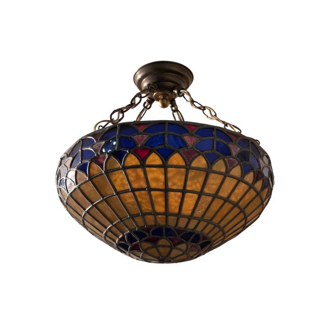 Vintage Colorful French Stained Glass Bowl/ Pendant Light Fixture For Sale - Image 13 of 18