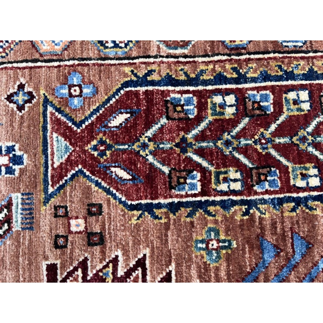 Textile Kazak Style Handmade Wool Runner Rug in Terracotta and Blue For Sale - Image 7 of 9