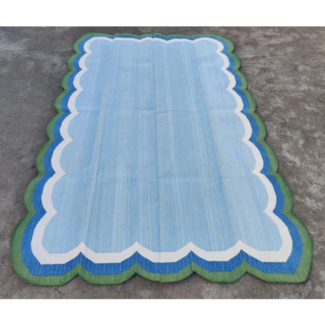 Handmade Cotton Vegetable Dyed Scalloped Edge Rug Sky Blue With Cream Blue and Forest Green Border - 9x12 For Sale - Image 11 of 11
