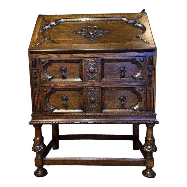 Vintage Jacobean Carved Oak Secretaire, 1920 For Sale