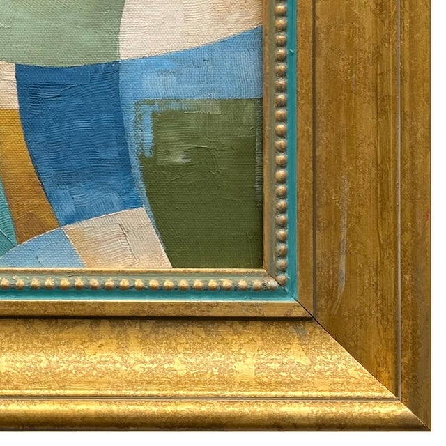 2020s Contemporary Abstract Blue and Green Oil Painting in Vintage Frame For Sale - Image 5 of 6