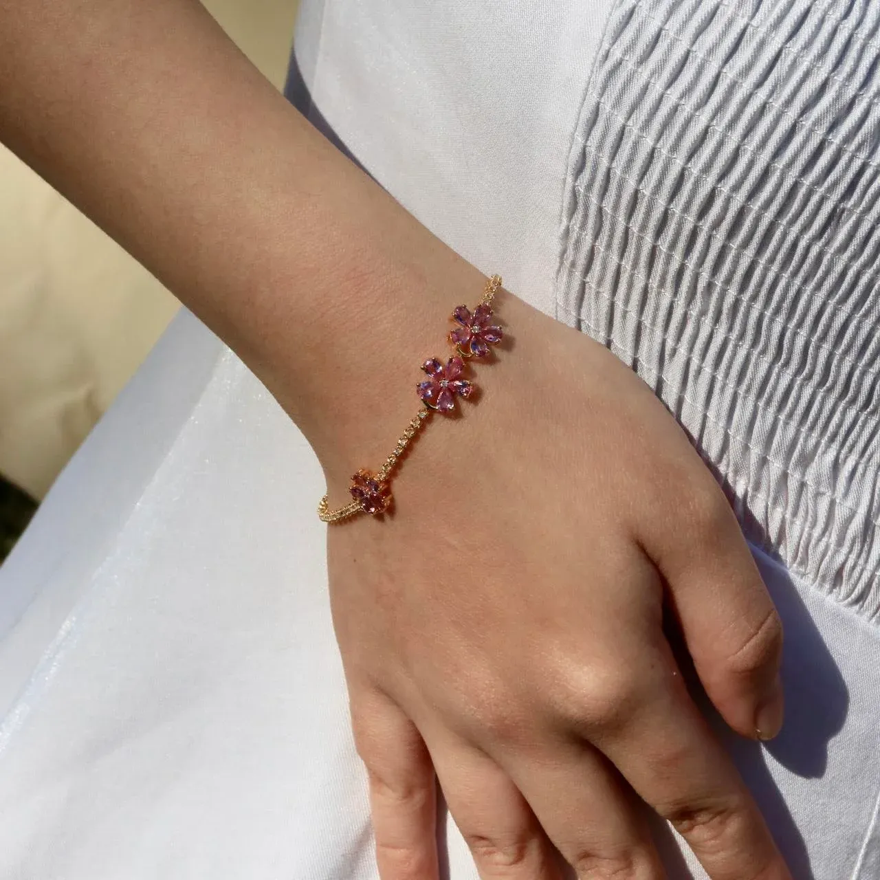 Nina Zhou Pink Sapphire Cherry Blossom Diamond Tennis Bracelet in