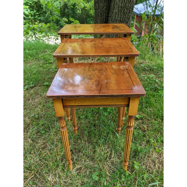 English Burr Yew Wood Nesting Tables 1950s Abbey Road London Set of 3 Chairish