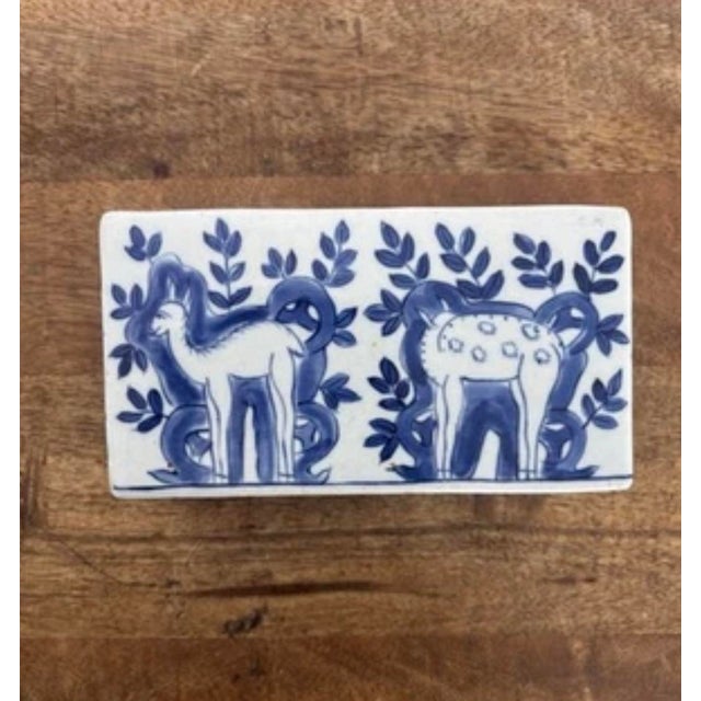 Vintage Mid Twentieth Century Delft Style Blue and White Flower Frog With Animal Motif For Sale - Image 6 of 7