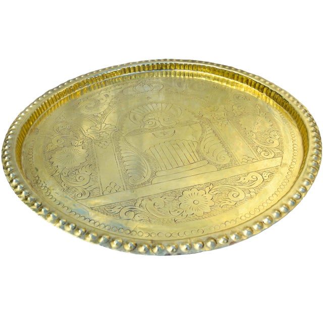 Moroccan Vintage Hand-Engraved Moorish-Patterned Brass Tray For Sale - Image 3 of 6