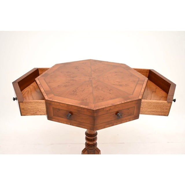 1930s Regency Octagonal Inlaid Yew Wood Drum Table, 1930 For Sale - Image 5 of 11