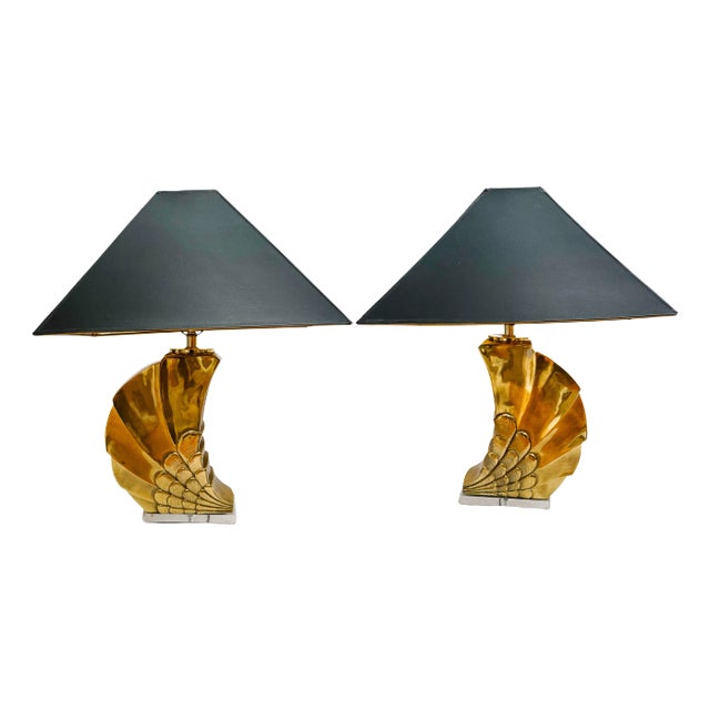 Mid-Century Brass Shell Table Lamps With Black Shades - Set of 2 For Sale