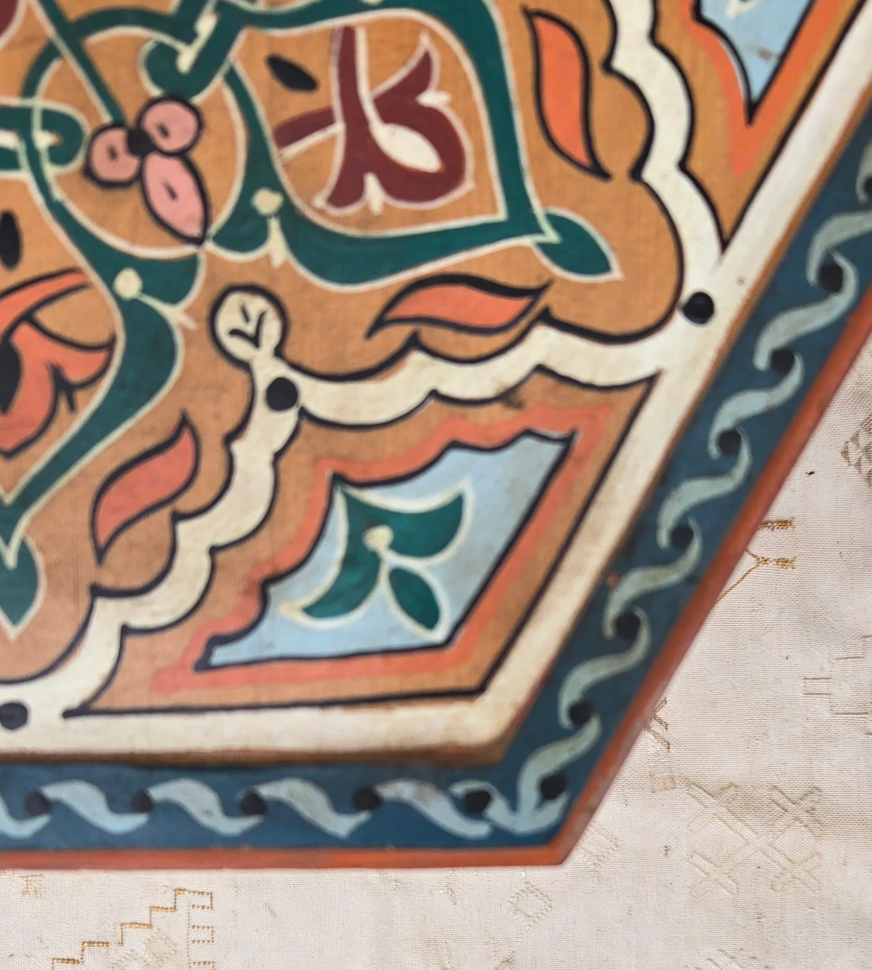 Moroccan Hexagonal Hand Painted Wooden Side / Orange Zouak | Chairish