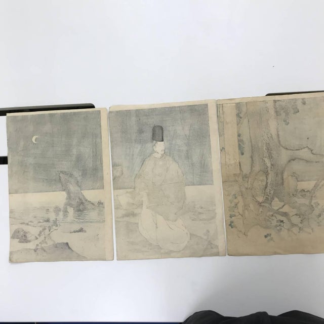 Paper 1892 Kiyochika Triptych Sugawara No Michizane Rare Meiji Japanese Woodblock Set For Sale - Image 7 of 10