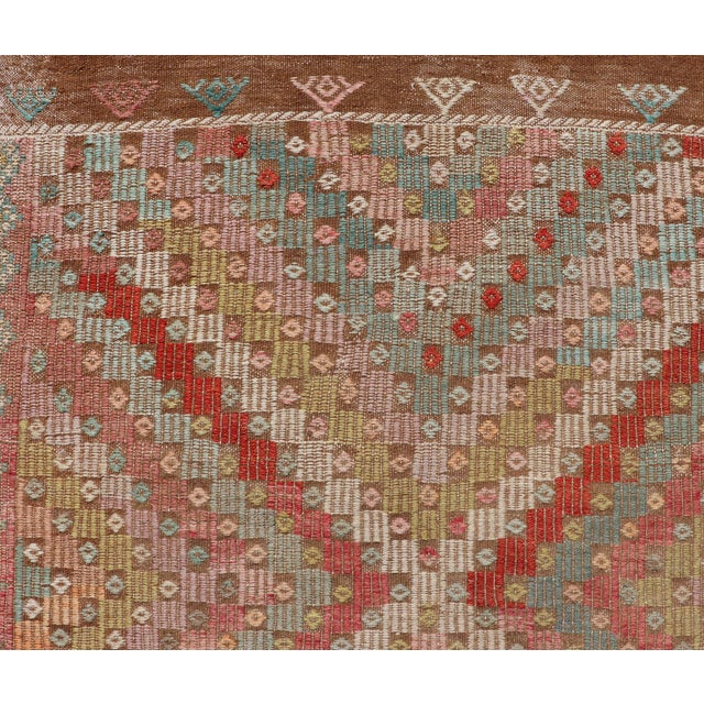 Large Vintage Turkish Kilim Rug With Coral, Gold, Sage Diamond Pattern For Sale - Image 9 of 14