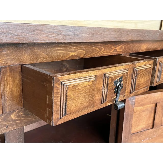 Brown 19th Spanish Baroque Carved Walnut Tuscan Three Drawers Credenza or Buffet, 1890 For Sale - Image 8 of 11