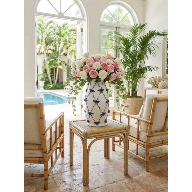 Vintage Italian Hand-Crafted Ceramic Lattice & Cobalt Blue Rose Urn Vase For Sale - Image 10 of 12