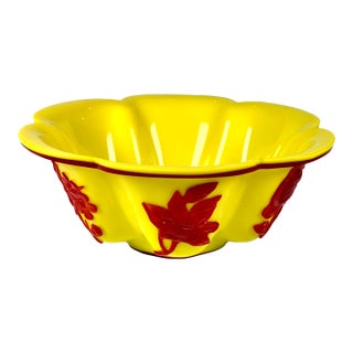 Chinese Imperial Yellow Peking Glass Lobed Bowl With Ruby Red Floral Overlay For Sale