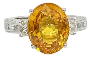 5 Carat Orange Oval Sapphire & Half Moon Baguette Diamond Ring in 18k White Gold, Size 6.75