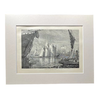 Antique 1874 Wood Engraving "Scene on the East River" New York City in 11x14 Mat For Sale
