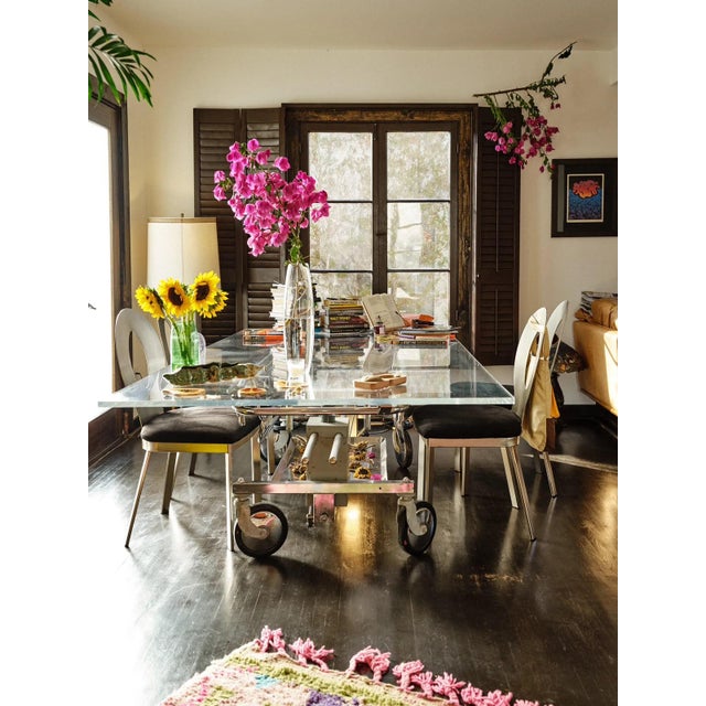 One-of-a-kind dining table or desk built from a vintage stainless steel medical gurney base with a clear acrylic top,...